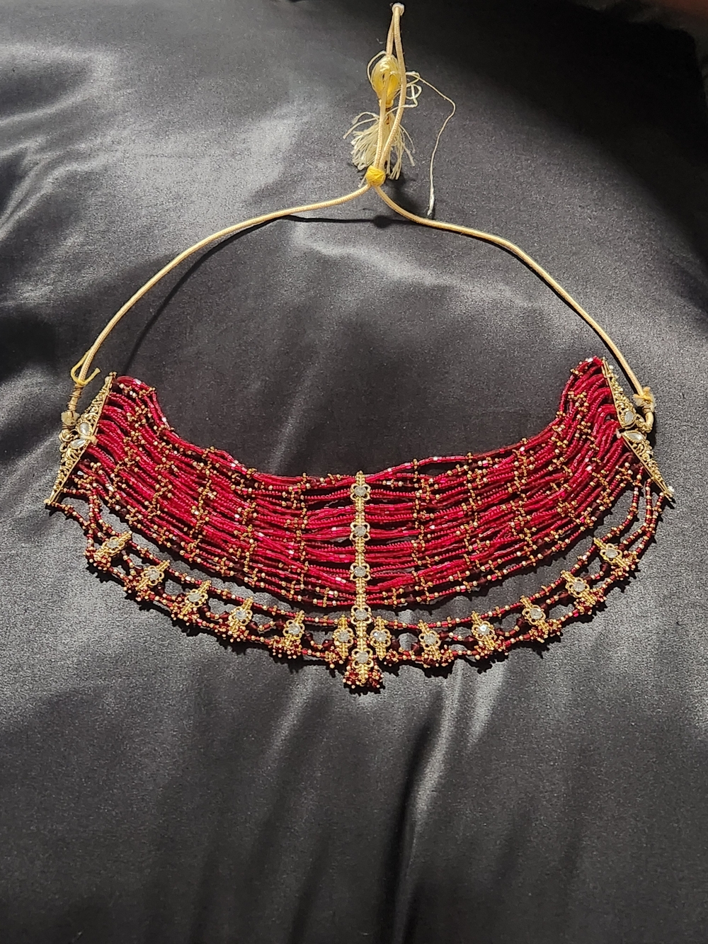 ​Red Beaded Statement Choker Necklace Gold Tone Rhinestone Bridal Ethnic Jewelry